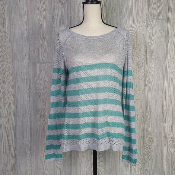 Converse One Star Womens XL Pullover Sweater Gray Turquoise Stripe Boat Neck - Picture 1 of 7